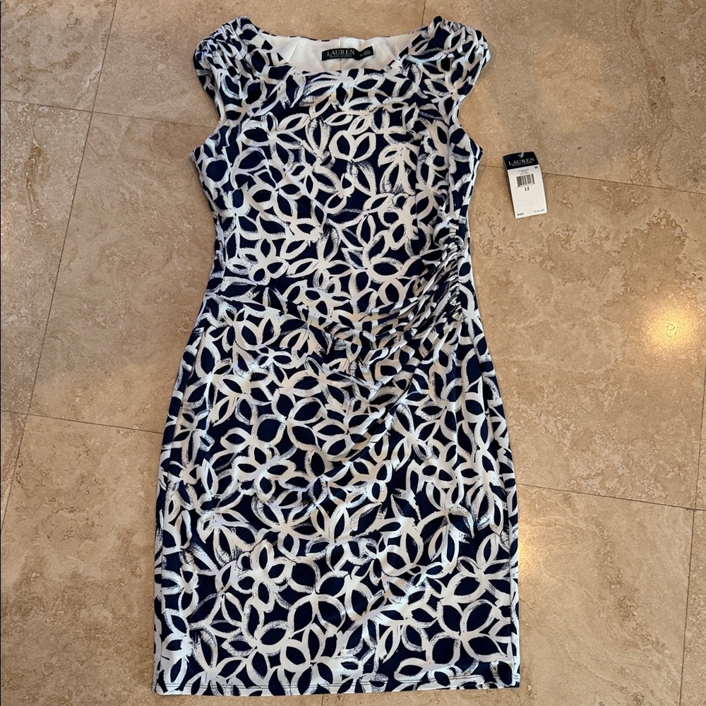 NWT Lauren Ralph Lauren Navy and Cream Patterned Midi Dress